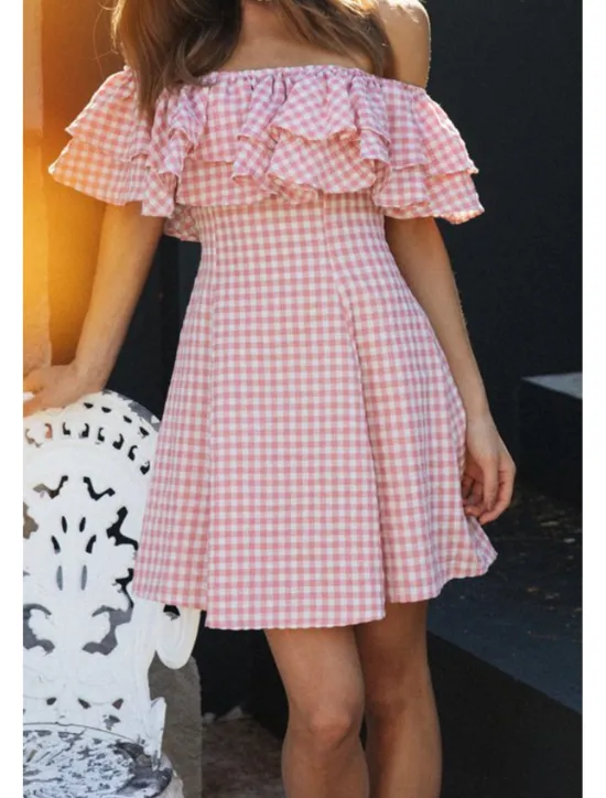 Sale Women's Mini Dress Graduation Dress Fashion Outdoor Daily Holiday Regular Fit Plaid Short Sleeve Off Shoulder Summer Women Vacation Dresses