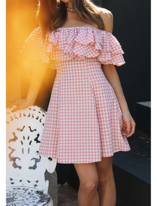 Sale Women's Mini Dress Graduation Dress Fashion Outdoor Daily Holiday Regular Fit Plaid Short Sleeve Off Shoulder Summer Women Vacation Dresses