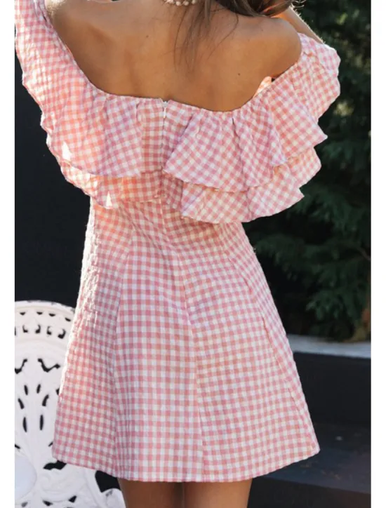 Sale Women's Mini Dress Graduation Dress Fashion Outdoor Daily Holiday Regular Fit Plaid Short Sleeve Off Shoulder Summer Women Vacation Dresses