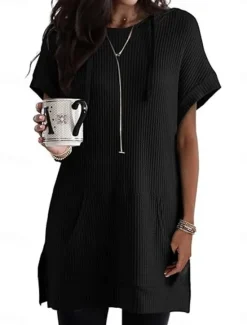 Women's Mini Dress Hoodie Dress Casual Dress Basic Casual Vacation Daily Regular Fit Plain Half Sleeve Hooded Black White Blue Fuchsia Summer Women T Shirt Dresses