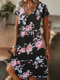 Outlet Women's Mini Dress Knit Dress Casual Dress T Shirt Dress Tee Dress Sundress Vacation Casual Beach Regular Fit Floral Graphic Short Sleeve V Neck Black White Blue Summer Spring Women Vacation Dresses