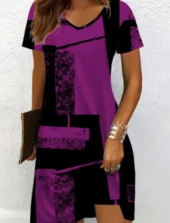 Outlet Women's Mini Dress Knit Dress Casual Dress T Shirt Dress Tee Dress Sundress Vacation Casual Regular Fit Graphic Geometric Abstract Short Sleeve V Neck Black And White Champagne Red Blue Summer Spring Women Vacation Dresses