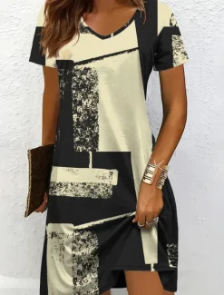 Outlet Women's Mini Dress Knit Dress Casual Dress T Shirt Dress Tee Dress Sundress Vacation Casual Regular Fit Graphic Geometric Abstract Short Sleeve V Neck Black And White Champagne Red Blue Summer Spring Women Vacation Dresses