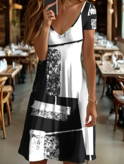Outlet Women's Mini Dress Knit Dress Casual Dress T Shirt Dress Tee Dress Sundress Vacation Casual Regular Fit Graphic Geometric Abstract Short Sleeve V Neck Black And White Champagne Red Blue Summer Spring Women Vacation Dresses