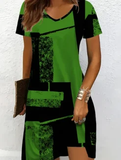 Outlet Women's Mini Dress Knit Dress Casual Dress T Shirt Dress Tee Dress Sundress Vacation Casual Regular Fit Graphic Geometric Abstract Short Sleeve V Neck Black And White Champagne Red Blue Summer Spring Women Vacation Dresses
