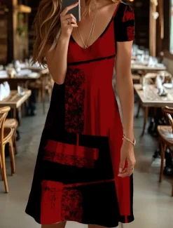 Outlet Women's Mini Dress Knit Dress Casual Dress T Shirt Dress Tee Dress Sundress Vacation Casual Regular Fit Graphic Geometric Abstract Short Sleeve V Neck Black And White Champagne Red Blue Summer Spring Women Vacation Dresses