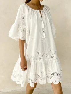 Sale Women's Mini Dress Lace Dress Casual Dress Summer Dress Boho Dress Stylish Casual Vacation Daily Date Regular Fit Plain Short Sleeve Crew Neck Summer Women White Dresses