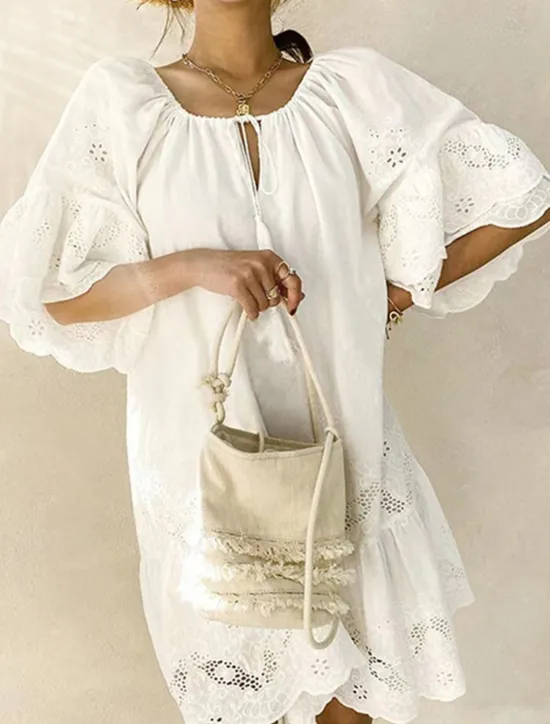 Sale Women's Mini Dress Lace Dress Casual Dress Summer Dress Boho Dress Stylish Casual Vacation Daily Date Regular Fit Plain Short Sleeve Crew Neck Summer Women White Dresses