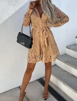 Women's Mini Dress Lace Dress A Line Dress Boho Dress Basic Casual Vacation Daily Regular Fit Plain Long Sleeve Square Neck Black White Khaki Summer Women White Dresses
