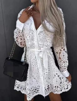 Women's Mini Dress Lace Dress A Line Dress Boho Dress Basic Casual Vacation Daily Regular Fit Plain Long Sleeve Square Neck Black White Khaki Summer Women White Dresses