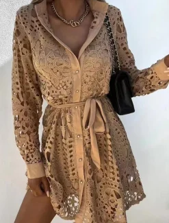 Women's Mini Dress Lace Dress A Line Dress Boho Dress Basic Casual Vacation Daily Regular Fit Plain Long Sleeve Square Neck Black White Khaki Summer Women White Dresses