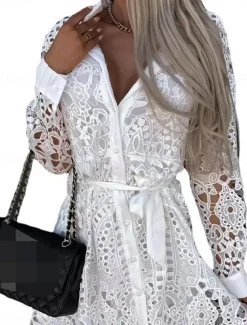 Women's Mini Dress Lace Dress A Line Dress Boho Dress Basic Casual Vacation Daily Regular Fit Plain Long Sleeve Square Neck Black White Khaki Summer Women White Dresses