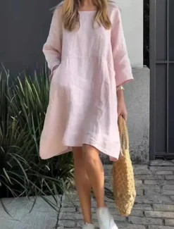 Outlet Women's Mini Dress Linen-Inspired Dresses Casual Dress Cotton Linen Dress Stylish Casual Vacation Daily Date Regular Fit Plain Long Sleeve Crew Neck Yellow Pink Orange Summer Spring Women Dresses