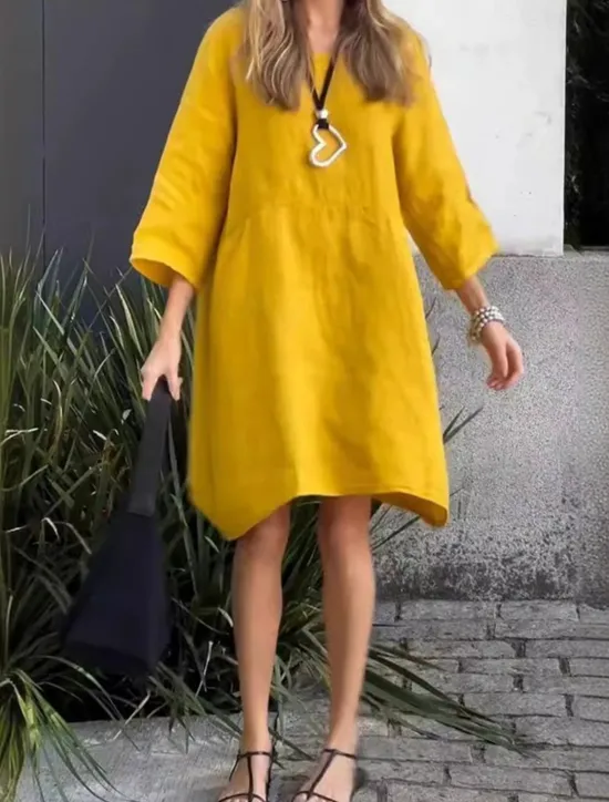 Outlet Women's Mini Dress Linen-Inspired Dresses Casual Dress Cotton Linen Dress Stylish Casual Vacation Daily Date Regular Fit Plain Long Sleeve Crew Neck Yellow Pink Orange Summer Spring Women Dresses