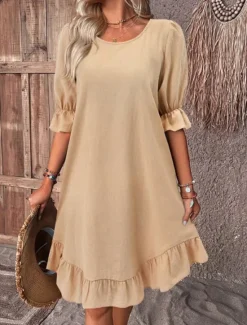 Clearance Women's Mini Dress Linen-Inspired Dresses Casual Dress Cotton Linen Dress Stylish Casual Vacation Daily Date Regular Fit Plain Half Sleeve Crew Neck Black Khaki Army Green Summer Spring Women Dresses