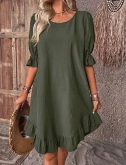 Clearance Women's Mini Dress Linen-Inspired Dresses Casual Dress Cotton Linen Dress Stylish Casual Vacation Daily Date Regular Fit Plain Half Sleeve Crew Neck Black Khaki Army Green Summer Spring Women Dresses