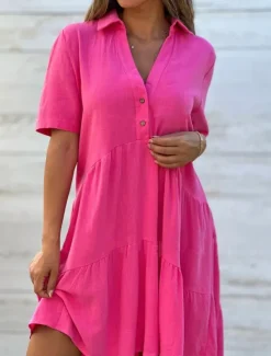 Clearance Women's Mini Dress Linen-Inspired Dresses Shirt Dress Casual Dress Cotton Linen Dress Stylish Casual Vacation Daily Date Regular Fit Plain Short Sleeve Lapel Yellow Pink Red Summer Women Dresses