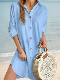 Clearance Women's Mini Dress Linen-Inspired Dresses White Dress Shirt Dress Casual Holiday Beach Regular Fit Plain Long Sleeve Lapel Black White Pink Blue Summer Fall Women Dresses