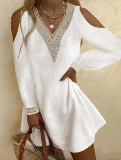 Online Women's Mini Dress Linen-Inspired Dresses White Dress Lace Dress Summer Dress Bohemia Date Loose Fit Long Sleeve V Neck Black White Fuchsia Light Blue Summer Women Dresses|White Dresses