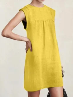 Online Women's Mini Dress Linen-Inspired Dresses Casual Dress Cotton Linen Dress Stylish Casual Vacation Daily Date Regular Fit Plain Sleeveless Crew Neck Yellow Red Gray Summer Spring Women Dresses