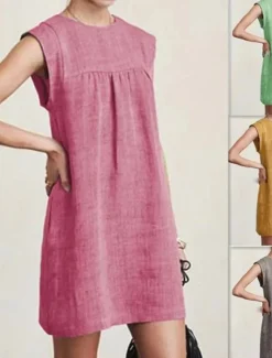 Online Women's Mini Dress Linen-Inspired Dresses Casual Dress Cotton Linen Dress Stylish Casual Vacation Daily Date Regular Fit Plain Sleeveless Crew Neck Yellow Red Gray Summer Spring Women Dresses