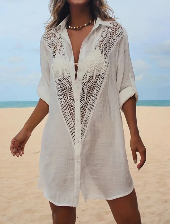 Women's Mini Dress Linen-Inspired Dresses White Dress Shirt Dress Cover Up Hawaiian Vacation Holiday Beach Loose Fit Long Sleeve Shirt Collar Black White Summer Women Dresses|White Dresses