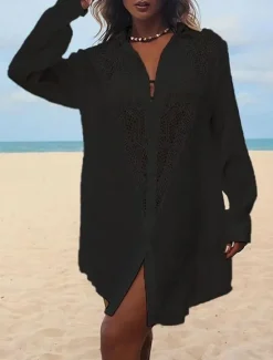 Women's Mini Dress Linen-Inspired Dresses White Dress Shirt Dress Cover Up Hawaiian Vacation Holiday Beach Loose Fit Long Sleeve Shirt Collar Black White Summer Women Dresses|White Dresses