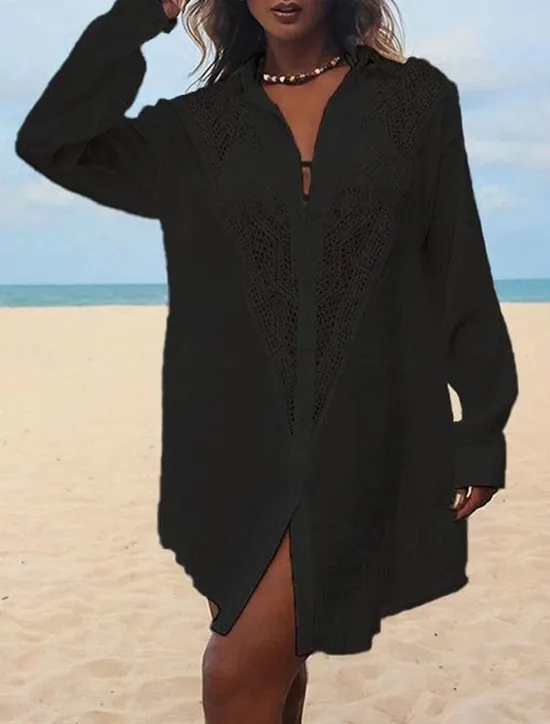 Women's Mini Dress Linen-Inspired Dresses White Dress Shirt Dress Cover Up Hawaiian Vacation Holiday Beach Loose Fit Long Sleeve Shirt Collar Black White Summer Women Dresses|White Dresses
