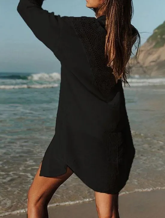 Women's Mini Dress Linen-Inspired Dresses White Dress Shirt Dress Cover Up Hawaiian Vacation Holiday Beach Loose Fit Long Sleeve Shirt Collar Black White Summer Women Dresses|White Dresses