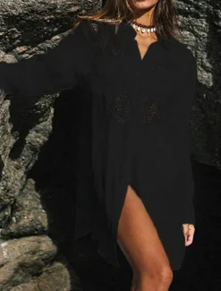 Women's Mini Dress Linen-Inspired Dresses White Dress Shirt Dress Cover Up Hawaiian Vacation Holiday Beach Loose Fit Long Sleeve Shirt Collar Black White Summer Women Dresses|White Dresses