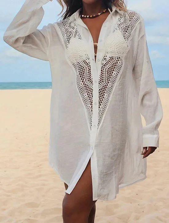 Women's Mini Dress Linen-Inspired Dresses White Dress Shirt Dress Cover Up Hawaiian Vacation Holiday Beach Loose Fit Long Sleeve Shirt Collar Black White Summer Women Dresses|White Dresses