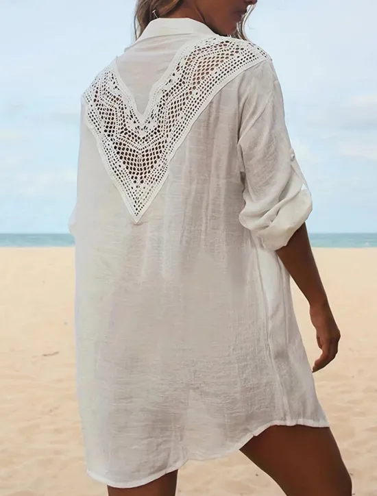 Women's Mini Dress Linen-Inspired Dresses White Dress Shirt Dress Cover Up Hawaiian Vacation Holiday Beach Loose Fit Long Sleeve Shirt Collar Black White Summer Women Dresses|White Dresses