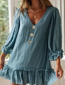 Discount Women's Mini Dress Linen-Inspired Dresses Casual Dress Cotton Linen Dress Stylish Casual Vacation Daily Date Regular Fit Plain Long Sleeve V Neck Black Beige Light Blue Summer Spring Women Dresses