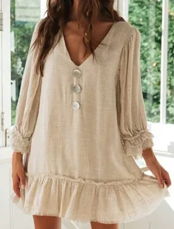 Discount Women's Mini Dress Linen-Inspired Dresses Casual Dress Cotton Linen Dress Stylish Casual Vacation Daily Date Regular Fit Plain Long Sleeve V Neck Black Beige Light Blue Summer Spring Women Dresses