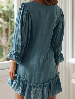 Discount Women's Mini Dress Linen-Inspired Dresses Casual Dress Cotton Linen Dress Stylish Casual Vacation Daily Date Regular Fit Plain Long Sleeve V Neck Black Beige Light Blue Summer Spring Women Dresses
