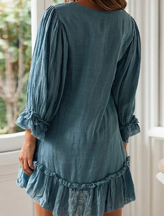 Discount Women's Mini Dress Linen-Inspired Dresses Casual Dress Cotton Linen Dress Stylish Casual Vacation Daily Date Regular Fit Plain Long Sleeve V Neck Black Beige Light Blue Summer Spring Women Dresses