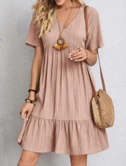 Sale Women's Mini Dress Linen-Inspired Dresses Casual Dress Plain Dress Casual Sports & Outdoor Street Regular Fit Plain Short Sleeve Cowl Neck V Neck Pink Green Summer Spring Women Dresses