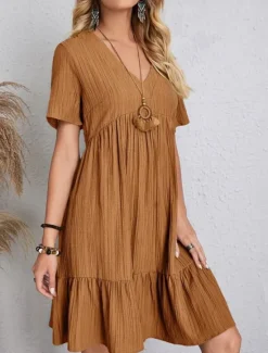 New Women's Mini Dress Linen-Inspired Dresses Casual Dress Summer Dress Plain Dress Streetwear Basic Vacation Street Date Loose Fit Short Sleeve V Neck Black Red Purple Brown Summer Women Dresses