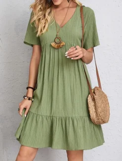 New Women's Mini Dress Linen-Inspired Dresses Casual Dress Summer Dress Plain Dress Streetwear Basic Vacation Street Date Loose Fit Short Sleeve V Neck Black Red Purple Brown Summer Women Dresses