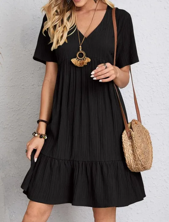 New Women's Mini Dress Linen-Inspired Dresses Casual Dress Summer Dress Plain Dress Streetwear Basic Vacation Street Date Loose Fit Short Sleeve V Neck Black Red Purple Brown Summer Women Dresses