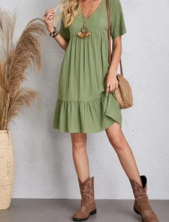 New Women's Mini Dress Linen-Inspired Dresses Casual Dress Summer Dress Plain Dress Streetwear Basic Vacation Street Date Loose Fit Short Sleeve V Neck Black Red Purple Brown Summer Women Dresses