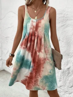 Discount Women's Mini Dress Petite Dress T Shirt Dress Tee Dress Shift Dress Tank Dress Streetwear Stylish Boho Vacation Casual Beach Regular Fit Tie Dye Sleeveless U Neck Pink Blue Purple Green Women Sundresses