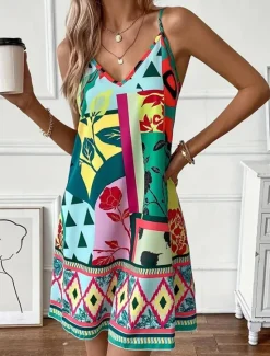 Sale Women's Mini Dress Petite Dress Summer Dress Boho Dress Cami Dress Stylish Boho Vacation Daily Date Regular Fit Geometric Color Block Sleeveless V Neck Purple Orange Green Summer Women Spring Dresses|Floral Dresses