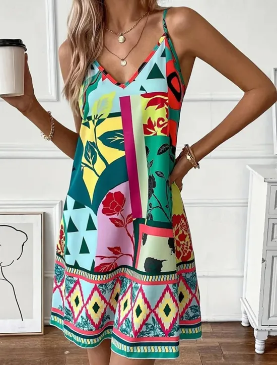 Sale Women's Mini Dress Petite Dress Summer Dress Boho Dress Cami Dress Stylish Boho Vacation Daily Date Regular Fit Geometric Color Block Sleeveless V Neck Purple Orange Green Summer Women Spring Dresses|Floral Dresses