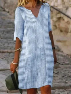 New Women's Mini Dress Petite Dress T Shirt Dress Tee Dress Shift Dress Summer Dress Elegant Active Fashion Outdoor Vacation Work Regular Fit Stripe Gingham Half Sleeve V Neck Pink Blue Gray Women T Shirt Dresses