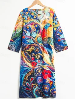 Outlet Women's Mini Dress Petite Dress T Shirt Dress Tee Dress Shift Dress Summer Dress Bohemia Vintage Boho Vacation Casual Daily Regular Fit Oil Painting Half Sleeve V Neck Royal Blue Blue Women Spring Dresses|T Shirt Dresses