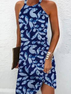Online Women's Mini Dress Petite Dress Sundress Summer Dress Slip Dress Active Fashion Streetwear Outdoor Vacation Daily Regular Fit Ombre Floral Marble Sleeveless Halter Neck Navy Blue Blue Women Spring Dresses|Sundresses