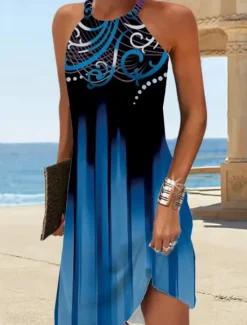 Online Women's Mini Dress Petite Dress Sundress Summer Dress Slip Dress Active Fashion Streetwear Outdoor Vacation Daily Regular Fit Ombre Floral Marble Sleeveless Halter Neck Navy Blue Blue Women Spring Dresses|Sundresses