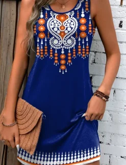 New Women's Mini Dress Petite Dress Sundress Tank Dress Summer Dress Boho Vacation Daily Holiday Regular Fit Geometric Sleeveless Crew Neck Summer Women T Shirt Dresses