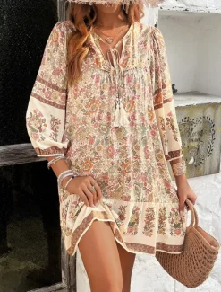 Hot Women's Mini Dress Petite Dress Casual Dress A Line Dress Boho Dress Bohemia Vintage Stylish Vacation Daily Loose Fit Floral 3/4 Length Sleeve V Neck Pink Blue Summer Spring Fall Women Spring Dresses